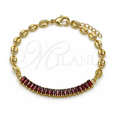 Oro Laminado Fancy Bracelet, Gold Filled Style Puff Mariner and Baguette Design, with Garnet Cubic Zirconia, Polished, Golden Finish, 03.130.0013.2.08 (05 MM Thickness, 8 Inches Length)