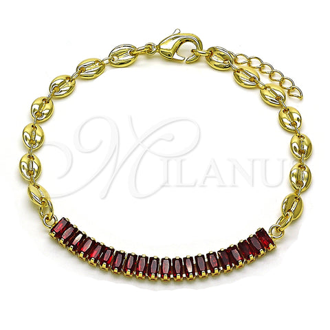 Oro Laminado Fancy Bracelet, Gold Filled Style Puff Mariner and Baguette Design, with Garnet Cubic Zirconia, Polished, Golden Finish, 03.130.0013.2.08 (05 MM Thickness, 8 Inches Length)