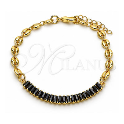 Oro Laminado Fancy Bracelet, Gold Filled Style Puff Mariner and Baguette Design, with Black Cubic Zirconia, Polished, Golden Finish, 03.130.0013.4.08 (05 MM Thickness, 8 Inches Length)