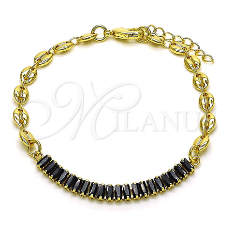 Oro Laminado Fancy Bracelet, Gold Filled Style Puff Mariner and Baguette Design, with Black Cubic Zirconia, Polished, Golden Finish, 03.130.0013.4.08 (05 MM Thickness, 8 Inches Length)