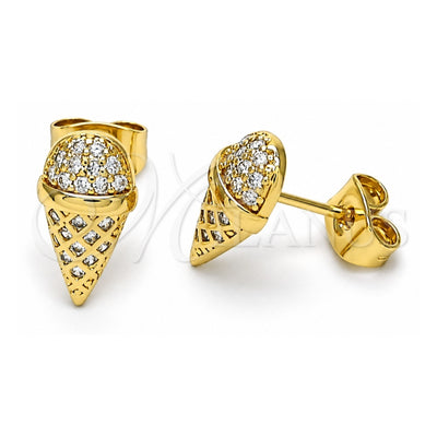 Oro Laminado Stud Earring, Gold Filled Style Ice Cream Design, with White Micro Pave, Polished, Golden Finish, 02.344.0133