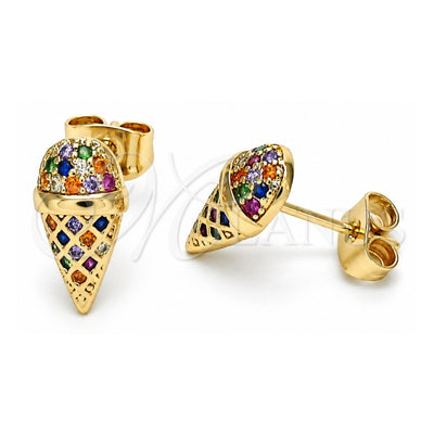 Oro Laminado Stud Earring, Gold Filled Style Ice Cream Design, with Multicolor Micro Pave, Polished, Golden Finish, 02.344.0133.1