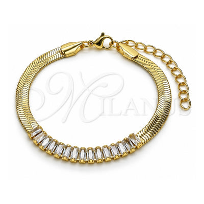 Oro Laminado Fancy Bracelet, Gold Filled Style Baguette Design, with White Cubic Zirconia, Polished, Golden Finish, 04.341.0097.07 (05 MM Thickness, 7 Inches Length)