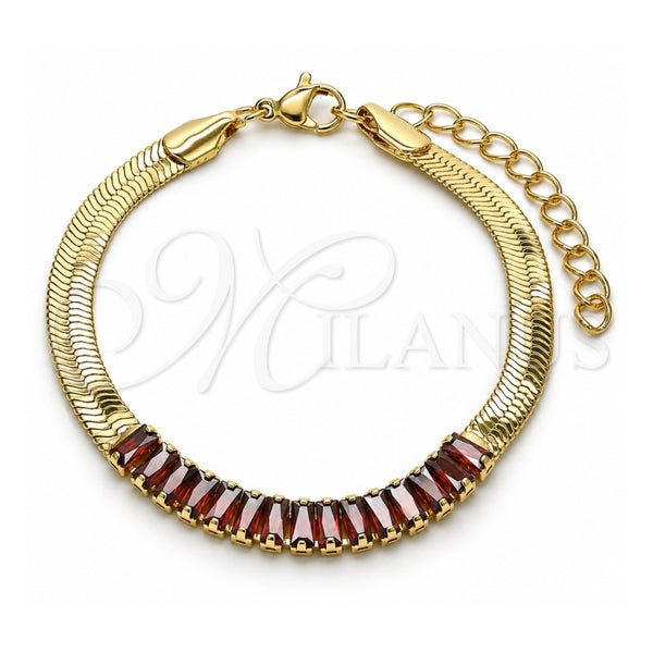 Oro Laminado Fancy Bracelet, Gold Filled Style Baguette Design, with Garnet Cubic Zirconia, Polished, Golden Finish, 04.341.0097.1.07 (05 MM Thickness, 7 Inches Length)