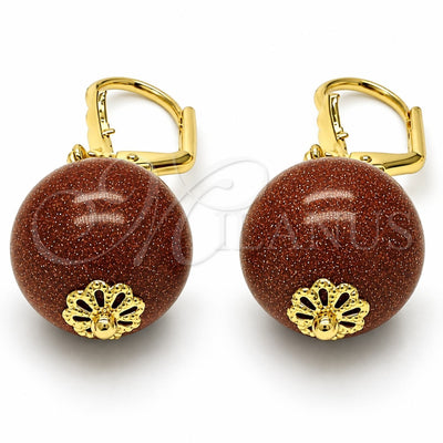 Oro Laminado Dangle Earring, Gold Filled Style Ball Design, with Brown Goldstone Venturina, Polished, Golden Finish, 02.63.2748