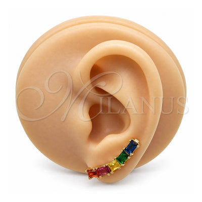 Oro Laminado Earcuff, Gold Filled Style Baguette Design, with Multicolor Cubic Zirconia, Polished, Golden Finish, 02.210.0732.1