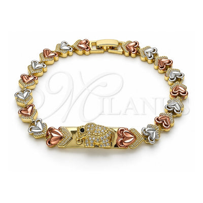 Oro Laminado Fancy Bracelet, Gold Filled Style Elephant and Heart Design, with White and Black Micro Pave, Polished, Tricolor, 03.253.0074.08 (08 MM Thickness, 8 Inches Length)