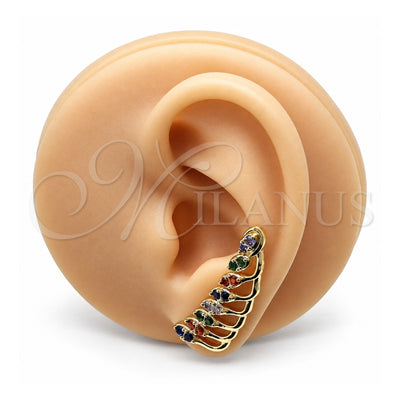 Oro Laminado Earcuff, Gold Filled Style Leaf Design, with Multicolor Micro Pave, Polished, Golden Finish, 02.210.0738.1