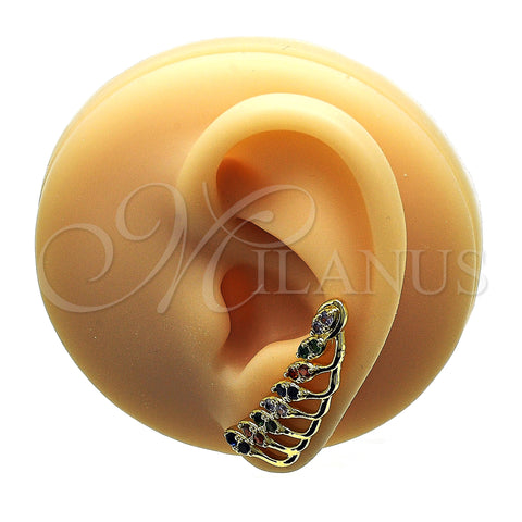 Oro Laminado Earcuff, Gold Filled Style Leaf Design, with Multicolor Micro Pave, Polished, Golden Finish, 02.210.0738.1