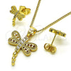 Oro Laminado Earring and Pendant Adult Set, Gold Filled Style Dragon-Fly Design, with White Cubic Zirconia, Polished, Golden Finish, 10.210.0165