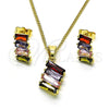 Oro Laminado Earring and Pendant Adult Set, Gold Filled Style Baguette Design, with Multicolor Cubic Zirconia, Polished, Golden Finish, 10.210.0167.4