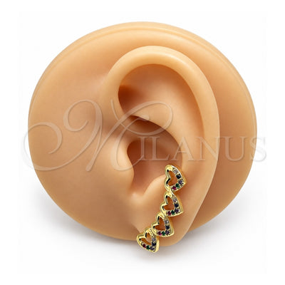 Oro Laminado Earcuff, Gold Filled Style Heart Design, with Multicolor Micro Pave, Polished, Golden Finish, 02.210.0742