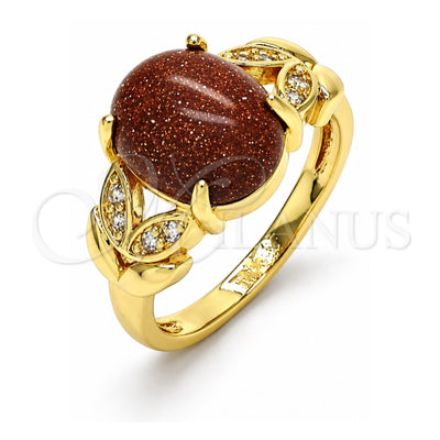 Oro Laminado Multi Stone Ring, Gold Filled Style Leaf Design, with Brown Goldstone Venturina and White Micro Pave, Polished, Golden Finish, 01.284.0061.08 (Size 8)