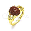 Oro Laminado Multi Stone Ring, Gold Filled Style Leaf Design, with Brown Goldstone Venturina and White Micro Pave, Polished, Golden Finish, 01.284.0061.09 (Size 9)