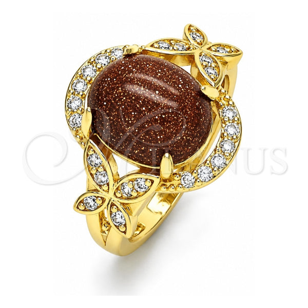 Oro Laminado Multi Stone Ring, Gold Filled Style Butterfly Design, with Brown Goldstone Venturina and White Micro Pave, Polished, Golden Finish, 01.284.0062.07 (Size 7)