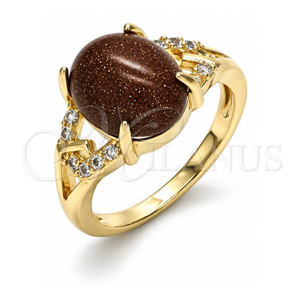 Oro Laminado Multi Stone Ring, Gold Filled Style with Brown Goldstone Venturina and White Micro Pave, Polished, Golden Finish, 01.284.0063.07 (Size 7)
