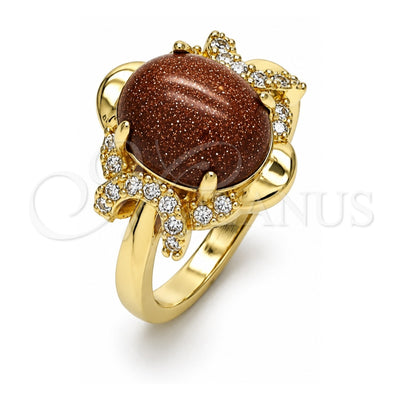 Oro Laminado Multi Stone Ring, Gold Filled Style with Brown Goldstone Venturina and White Micro Pave, Polished, Golden Finish, 01.284.0064.09 (Size 9)