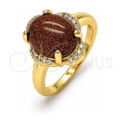 Oro Laminado Multi Stone Ring, Gold Filled Style with Brown Goldstone Venturina and White Micro Pave, Polished, Golden Finish, 01.284.0065.07 (Size 7)