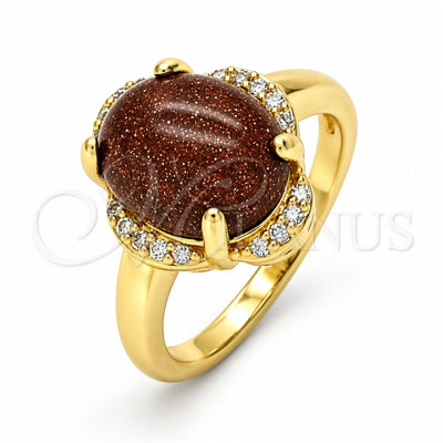 Oro Laminado Multi Stone Ring, Gold Filled Style with Brown Goldstone Venturina and White Micro Pave, Polished, Golden Finish, 01.284.0065.08 (Size 8)
