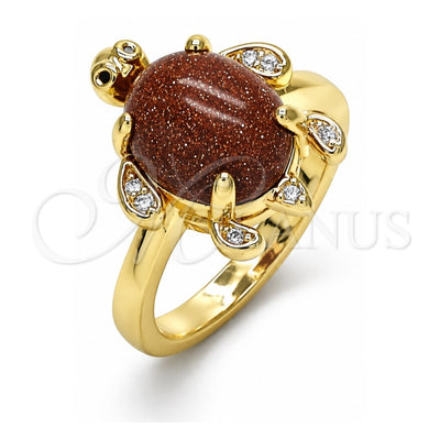 Oro Laminado Multi Stone Ring, Gold Filled Style Turtle Design, with Brown Goldstone Venturina and White Micro Pave, Polished, Golden Finish, 01.284.0066.07 (Size 7)