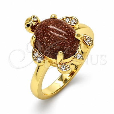 Oro Laminado Multi Stone Ring, Gold Filled Style Turtle Design, with Brown Goldstone Venturina and White Micro Pave, Polished, Golden Finish, 01.284.0066.09 (Size 9)