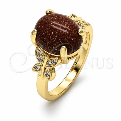 Oro Laminado Multi Stone Ring, Gold Filled Style Butterfly Design, with Brown Goldstone Venturina and White Micro Pave, Polished, Golden Finish, 01.284.0067.07 (Size 7)
