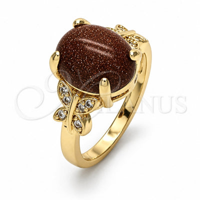 Oro Laminado Multi Stone Ring, Gold Filled Style Butterfly Design, with Brown Goldstone Venturina and White Micro Pave, Polished, Golden Finish, 01.284.0067.09 (Size 9)