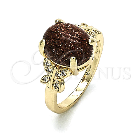 Oro Laminado Multi Stone Ring, Gold Filled Style Butterfly Design, with Brown Goldstone Venturina and White Micro Pave, Polished, Golden Finish, 01.284.0067.09 (Size 9)