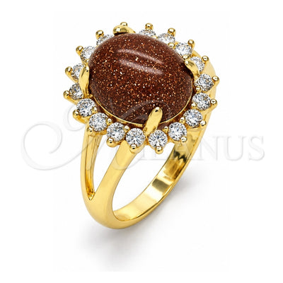 Oro Laminado Multi Stone Ring, Gold Filled Style with Brown Goldstone Venturina and White Micro Pave, Polished, Golden Finish, 01.284.0068.07 (Size 7)