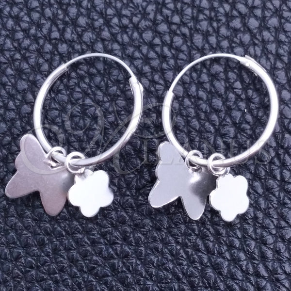 Sterling Silver Hoop Earrings — Small Hoop Butterfly and Flower Design Polished 02. — main product view — SKU 149360 | Plata 925 aretes de aro — Small Hoop Butterfly and flor diseño pulido 02. — SKU 149360