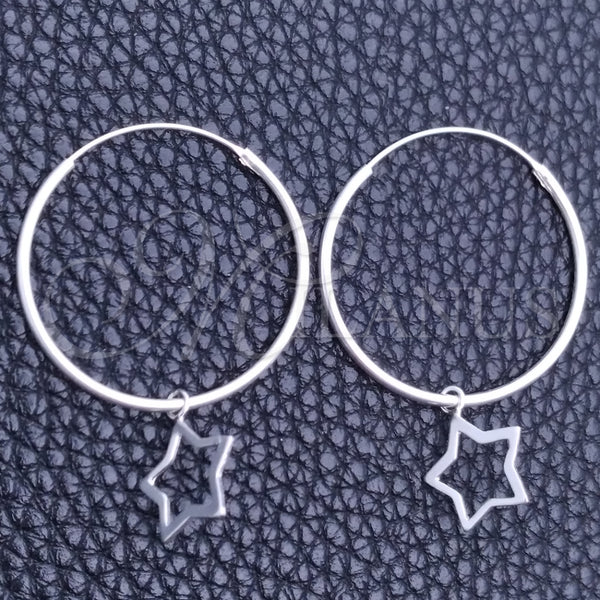 Sterling Silver Hoop Earrings — Small Hoop Star Design Polished 02. — main product view — SKU 149362 | Plata 925 aretes de aro — Small Hoop estrella diseño pulido 02. — SKU 149362
