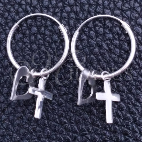 Sterling Silver Hoop Earrings — Small Hoop Heart and Cross Design Polished 02. — main product view — SKU 149364 | Plata 925 aretes de aro — Small Hoop corazón and cruz diseño pulido 02. — SKU 149364