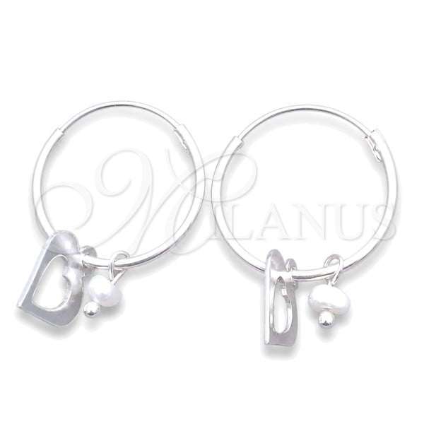 Sterling Silver Small Hoop, Heart Design, with Ivory Pearl, Polished, Silver Finish, 02.401.0018.15