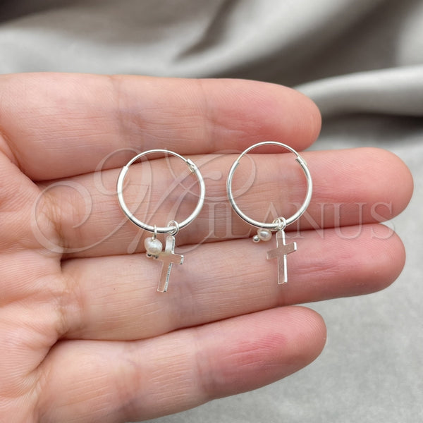 Sterling Silver Hoop Earrings — Small Hoop Cross Design with Ivory Pearl Polished — alternate product view — SKU 149369 | Plata 925 aretes de aro — Small Hoop cruz diseño with Ivory Pearl pulido — SKU 149369