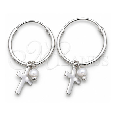 Sterling Silver Small Hoop, Cross Design, with Ivory Pearl, Polished, Silver Finish, 02.401.0019.15