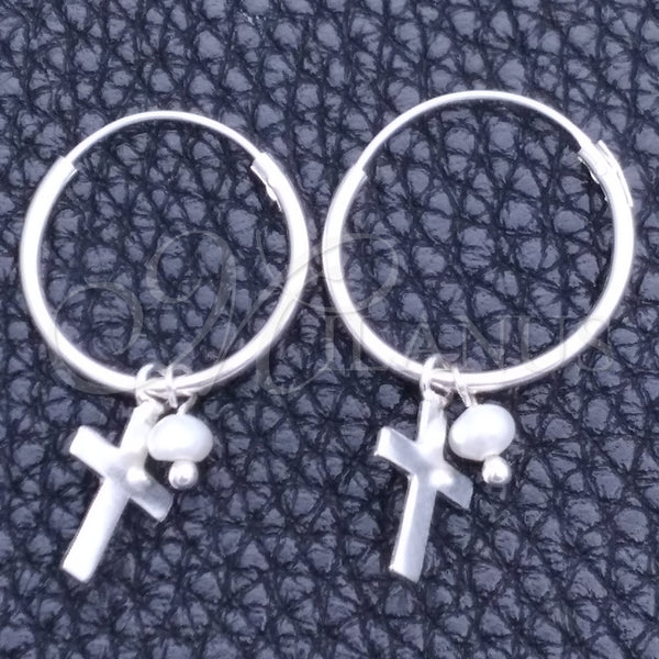 Sterling Silver Hoop Earrings — Small Hoop Cross Design with Ivory Pearl Polished — main product view — SKU 149369 | Plata 925 aretes de aro — Small Hoop cruz diseño with Ivory Pearl pulido — SKU 149369