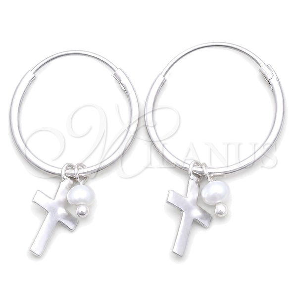 Sterling Silver Small Hoop, Cross Design, with Ivory Pearl, Polished, Silver Finish, 02.401.0019.15