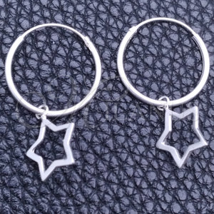 Sterling Silver Hoop Earrings — Small Hoop Star Design Polished 02. — main product view — SKU 149371 | Plata 925 aretes de aro — Small Hoop estrella diseño pulido 02. — SKU 149371