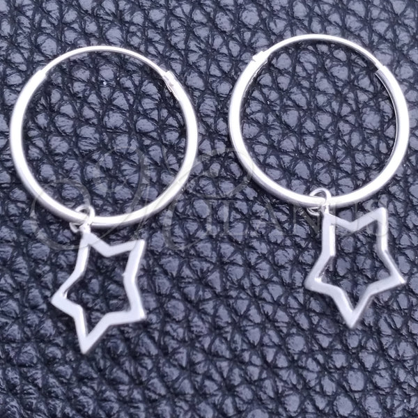 Sterling Silver Hoop Earrings — Small Hoop Star Design Polished 02. — main product view — SKU 149371 | Plata 925 aretes de aro — Small Hoop estrella diseño pulido 02. — SKU 149371
