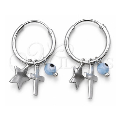 Sterling Silver Small Hoop, Evil Eye and Star Design, with Aqua Blue Opal, Polished, Silver Finish, 02.401.0031.15