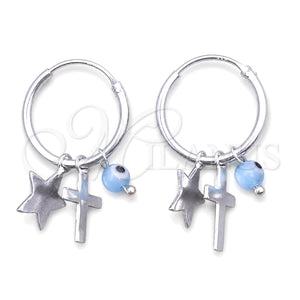 Sterling Silver Small Hoop, Evil Eye and Star Design, with Aqua Blue Opal, Polished, Silver Finish, 02.401.0031.15
