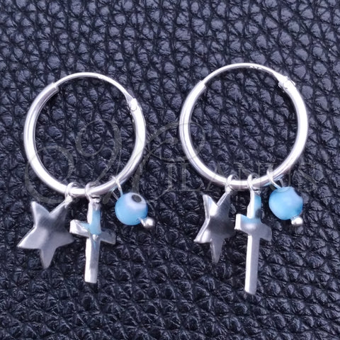 Sterling Silver Small Hoop, Evil Eye and Star Design, with Aqua Blue Opal, Polished, Silver Finish, 02.401.0031.15