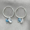 Sterling Silver Small Hoop, Evil Eye Design, with White Crystal and Aqua Blue Cubic Zirconia, Polished, Silver Finish, 02.401.0032.15