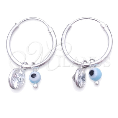 Sterling Silver Small Hoop, Evil Eye Design, with White Crystal and Aqua Blue Cubic Zirconia, Polished, Silver Finish, 02.401.0032.15