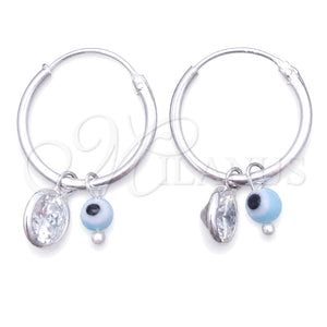 Sterling Silver Small Hoop, Evil Eye Design, with White Crystal and Aqua Blue Cubic Zirconia, Polished, Silver Finish, 02.401.0032.15