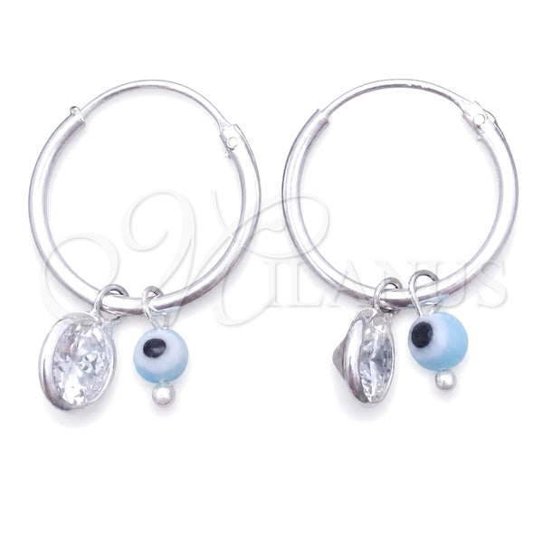 Sterling Silver Small Hoop, Evil Eye Design, with White Crystal and Aqua Blue Cubic Zirconia, Polished, Silver Finish, 02.401.0032.15