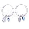 Sterling Silver Small Hoop, Evil Eye Design, with White Crystal and Aqua Blue Cubic Zirconia, Polished, Silver Finish, 02.401.0032.15