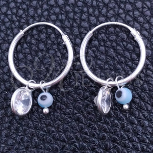 Sterling Silver Hoop Earrings — Small Hoop Evil Eye Design with White Crystal — main product view — SKU 149382 | Plata 925 aretes de aro — Small Hoop Evil Eye diseño with cristal blanco — SKU 149382