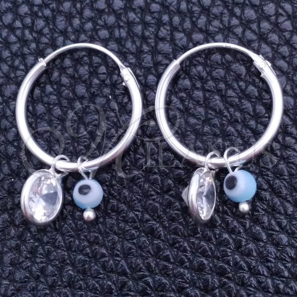 Sterling Silver Hoop Earrings — Small Hoop Evil Eye Design with White Crystal — main product view — SKU 149382 | Plata 925 aretes de aro — Small Hoop Evil Eye diseño with cristal blanco — SKU 149382