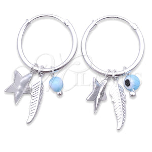 Sterling Silver Small Hoop, Evil Eye and Star Design, with Aqua Blue Cubic Zirconia, Polished, Silver Finish, 02.401.0033.15